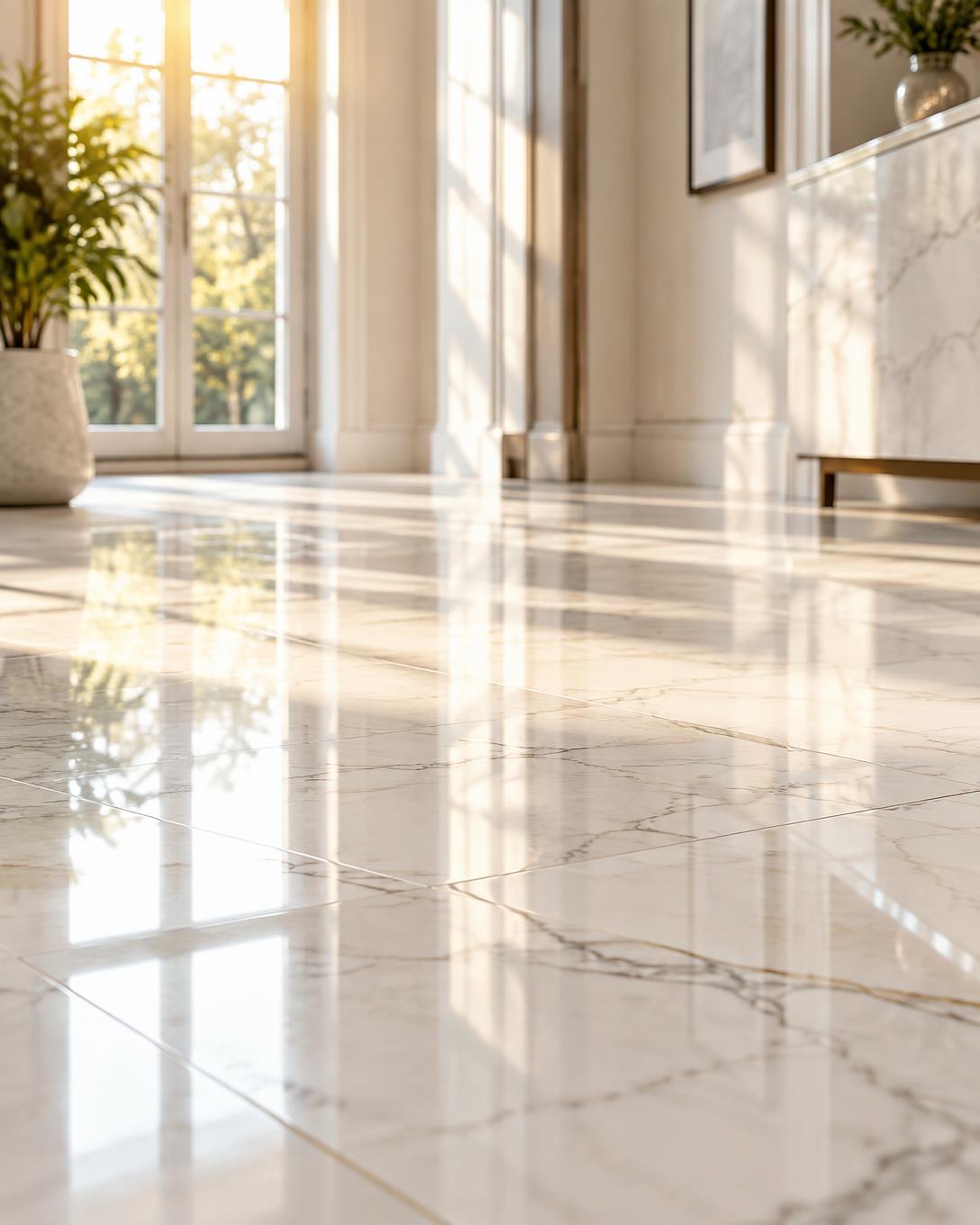 Freshly mopped marble floor glowing in warm morning light