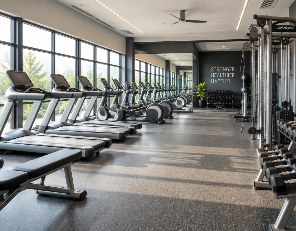 Bright modern gym interior with freshly cleaned equipment and floors