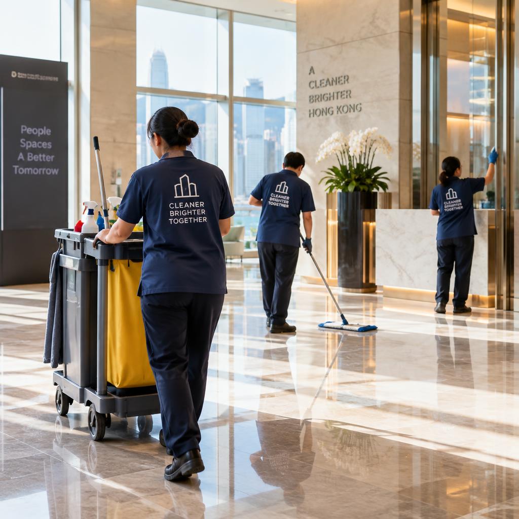 Professional cleaning team in uniform tidying a bright commercial lobby